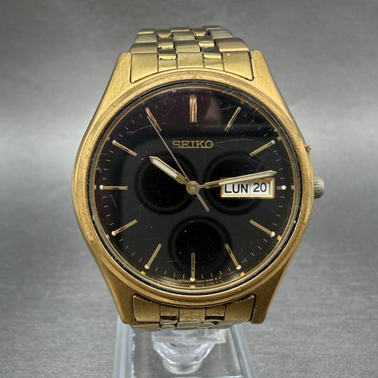 Seiko Watch Men 37mm Black Dial Gold Tone Daydate Round 7N43-9048 New Battery 390