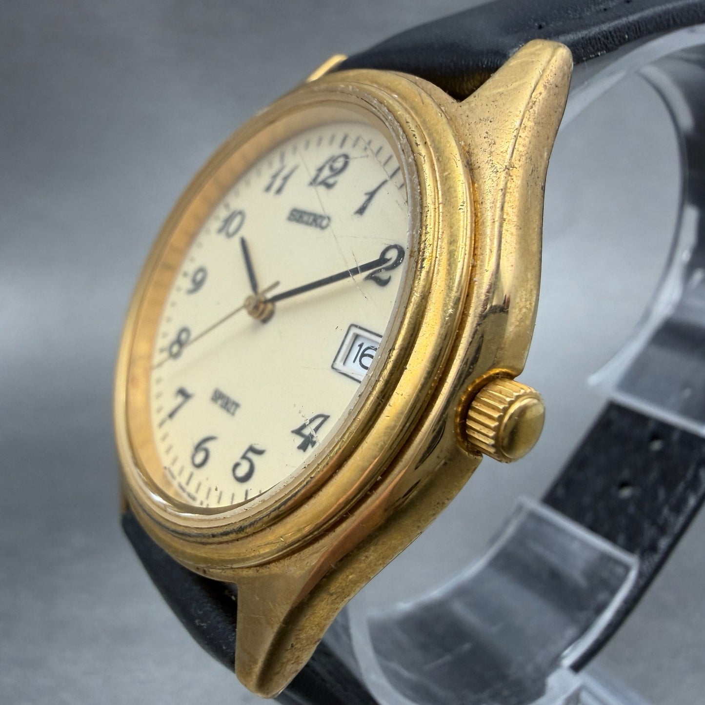 Seiko Spirt Watch Men 37mm Luminous Dial Gold Date Round 7N42-8120 New Battery2