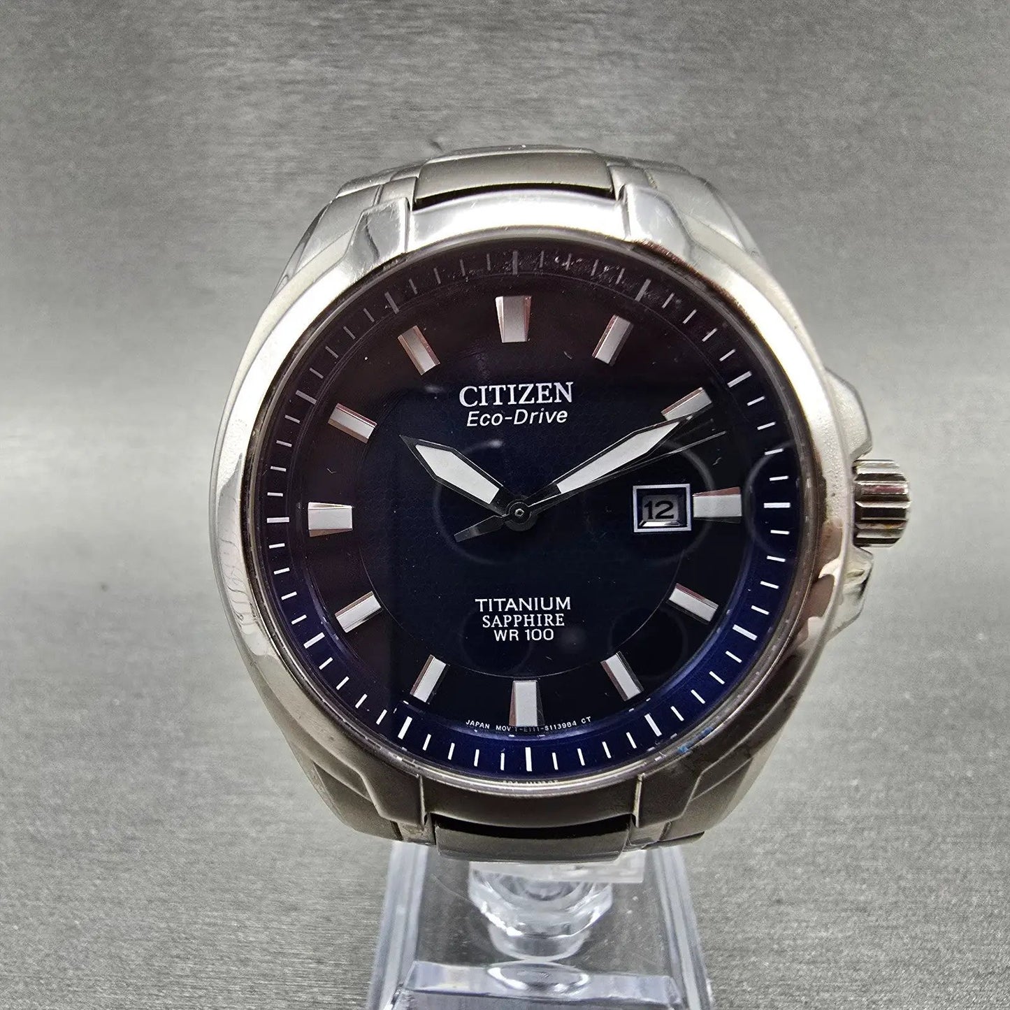 Citizen Eco-Drive Watch Men 43mm Blue Dial Titanium Date E111-S078369 Runs0