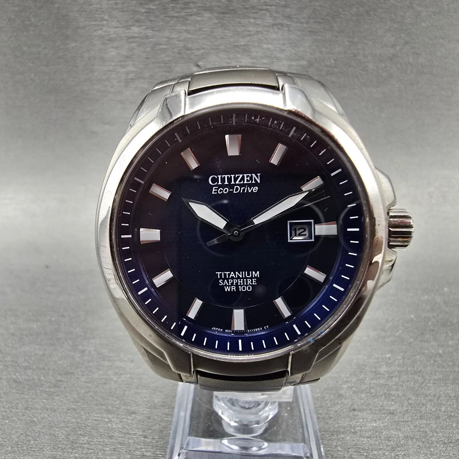 Citizen Eco-Drive Watch Men 43mm Blue Dial Titanium Date E111-S078369 Runs0