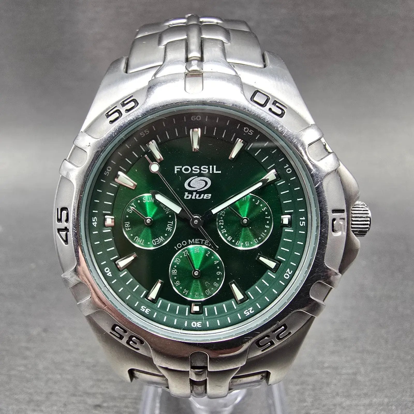 Fossil Dive Watch Men 40mm Green Dial Silver Tone Daydate Round New battery0