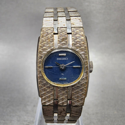 Seiko Watch Women 18mm Blue Dial Silver Tone Rectangle Manual Wind Runs VTG0