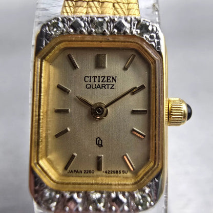 Citizen CQ Watch Women 12mm Gold Dial Gold Tone Gemmed Rectangle 2250 New Batt1
