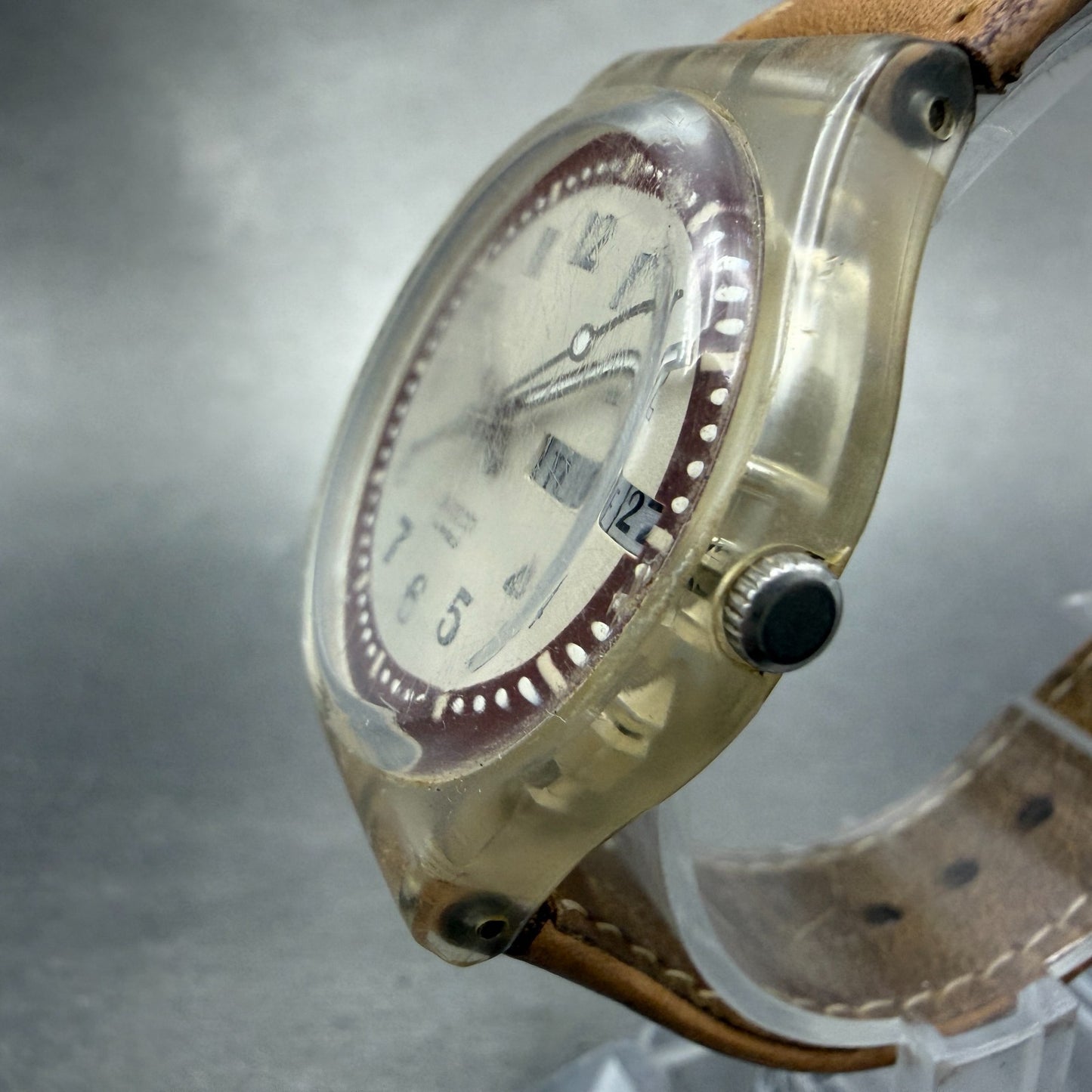 Swatch Croissant Chaud Watch Men 34mm Brown Dial Clear Case Daydate Round Works2