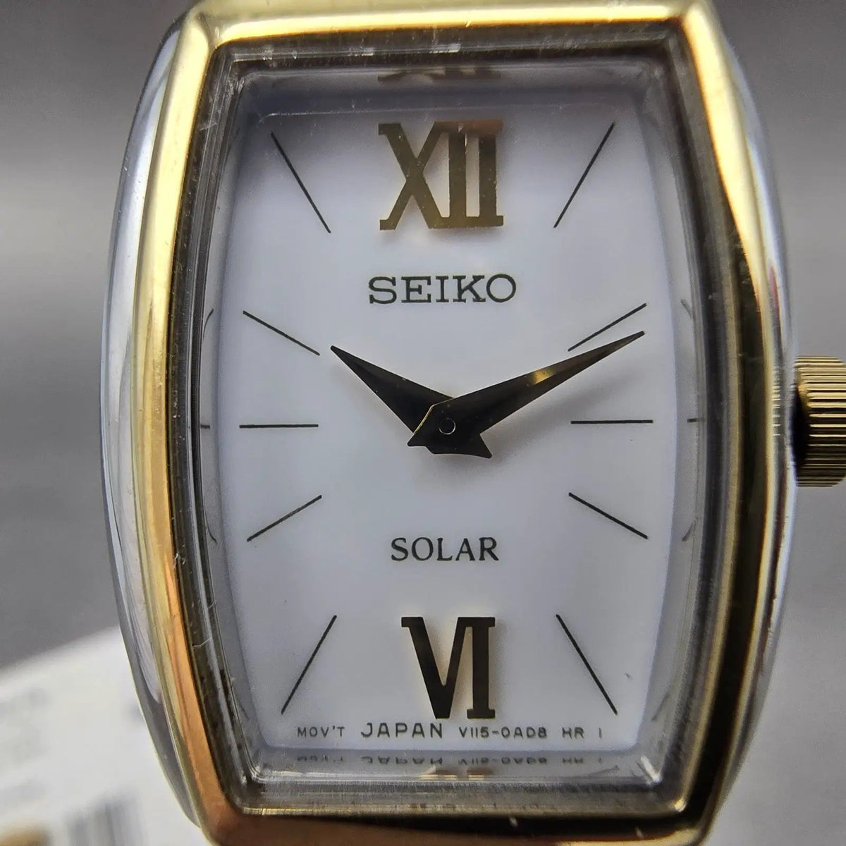 Seiko Solar Watch Women 18mm White Dial Two Tone Rectangle V115-0AA0 Works1