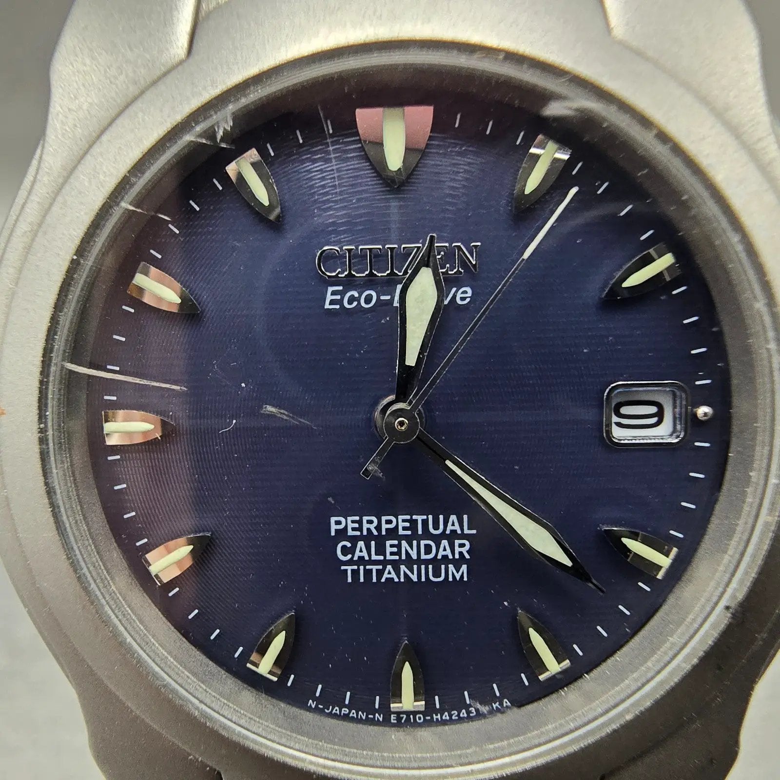 Citizen Eco-Drive Perpetual Calendar Watch Men 36mm Blue Dial Titanium Date Runs1