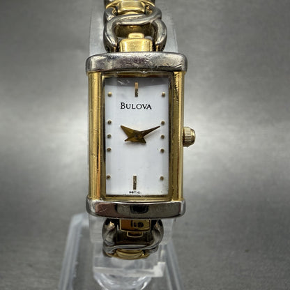 Bulova Tank Watch Women 15mm White Dial Two Tone Rectangle 98t10 New Battery0