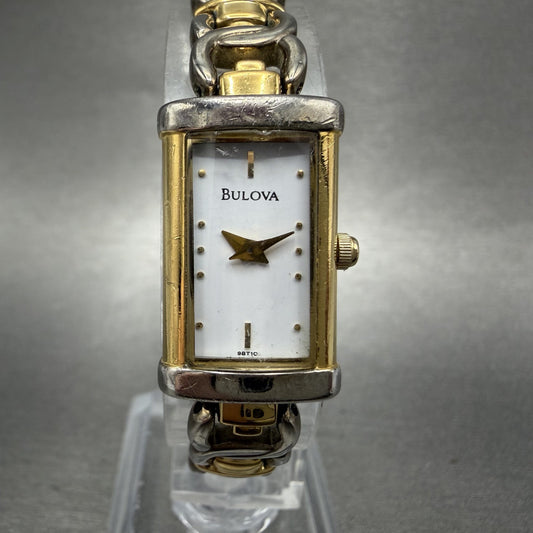 Bulova Tank Watch Women 15mm White Dial Two Tone Rectangle 98t10 New Battery0