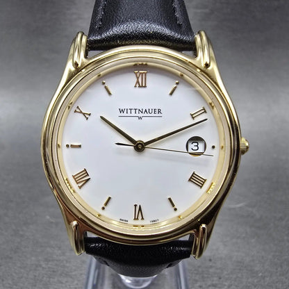 Wittnauer Watch Men 33mm White Dial Gold Tone Round Date Roman Numerals New Batt1