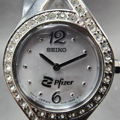 Seiko Solar Watch Women 23mm MOP Dial Silver Tone Round V115-0AP0 Runs Pfizer1