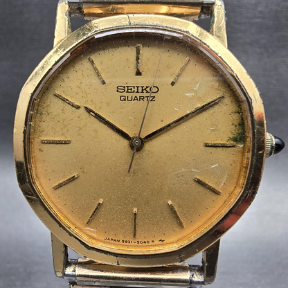 Seiko Watch Men 33mm Gold Dial Gold Tone Round 5931-5059 New Battery Vintage1