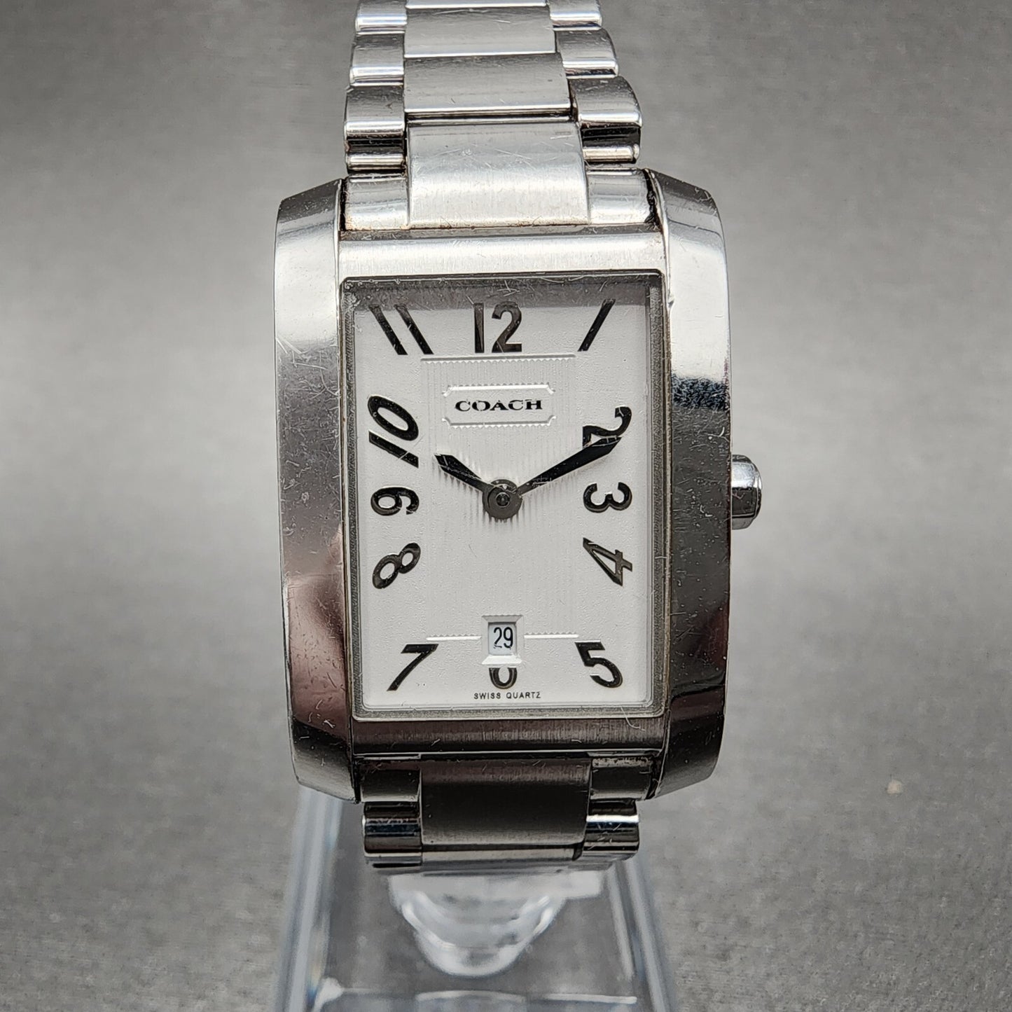 Coach Tank Watch Women 22mm White Dial Stainless Steel Date Rectangle New Batt2
