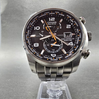 Citizen Eco-Drive World Time Watch Men 46mm Black Dial Steel Daydate Works5