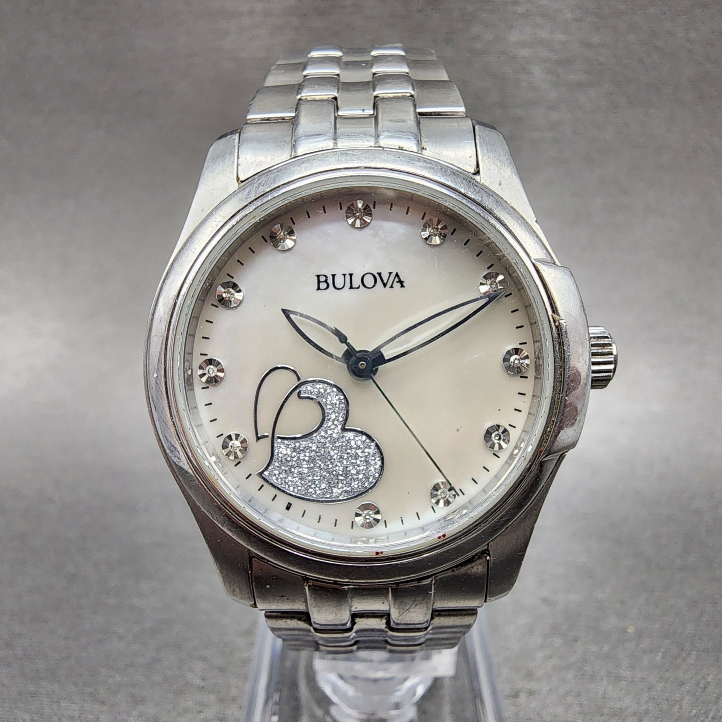 Bulova Diamond Watch Women 34mm MOP Heart Dial Silver Tone 96P182 New Battery0