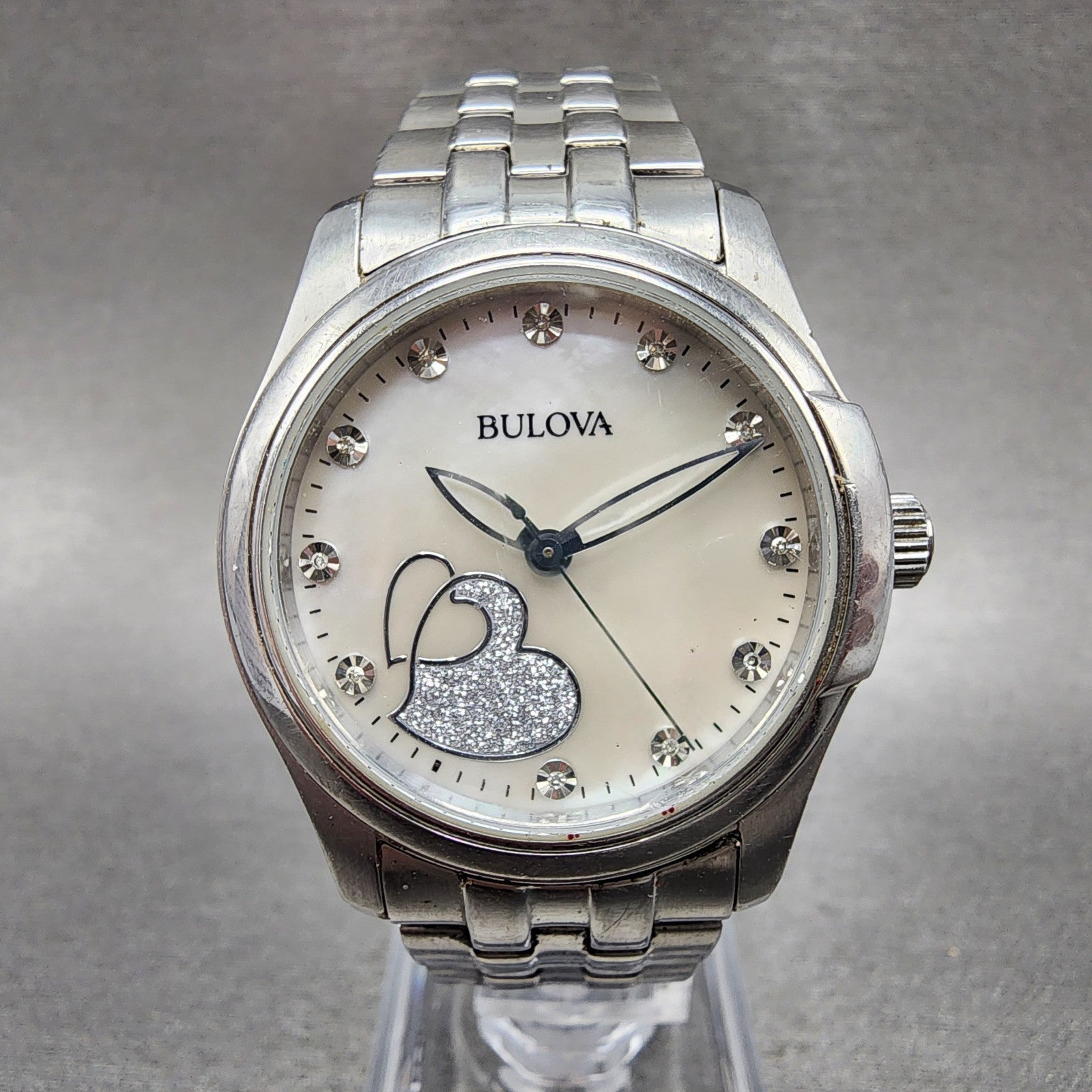 Bulova Diamond Watch Women 34mm MOP Heart Dial Silver Tone 96P182 New Battery0