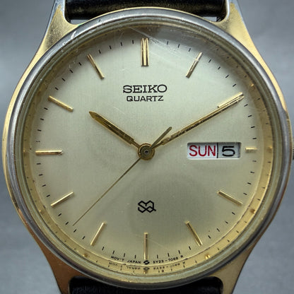 Seiko SQ Watch Men 34mm Champagne Dial Gold Tone Daydate 5y23-7030 New Battery G1