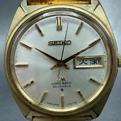 Seiko Lordmatic Watch Men 36mm Silver Dial Gold Tone Daydate 5606-7000 Runs VTG1