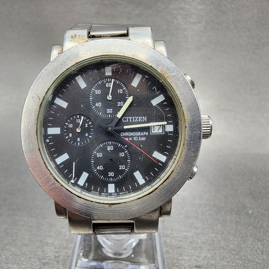 Citizen Chronograph Watch Men 37mm Black Dial Steel Date Round 0510S75438 PARTS0