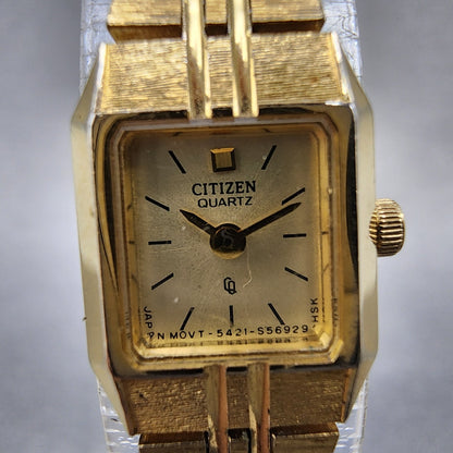 Citizen CQ Tank Watch Women 13mm Champagne Dial Gold Tone 5421S18531 New Batt1