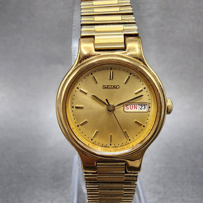 Seiko Watch Women 24mm Gold Dial Gold Tone Daydate Round 7N830141 New Battery0