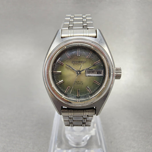 Citizen Automatic Watch Women 25mm Green Dial Steel Day date Round Runs VTG