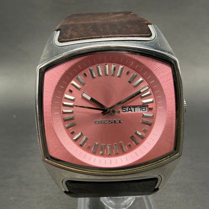 Diesel Tank Watch Men 37mm Pink Dial Steel Daydate Rectangle DZ-5215 NewBat0