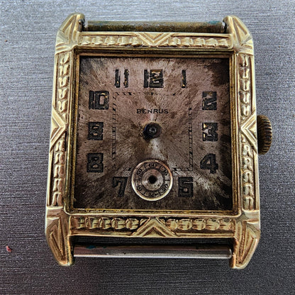 Benrus Tank Watch Men 28mm Silver Dial Gold Tone Rectangle 15 Jewels PARTS2