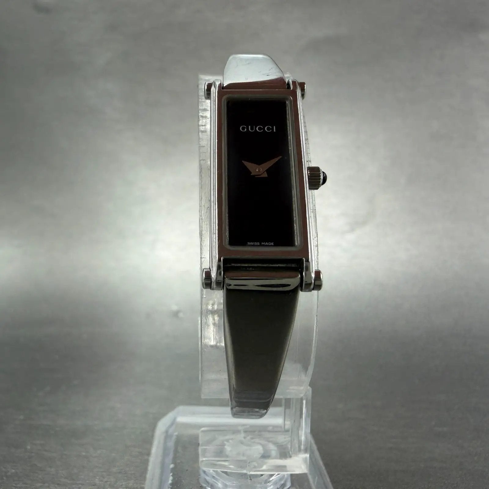 Gucci 1500L Tank Watch Women 12mm Black Dial Steel Rectangle Bangle New batteryB5