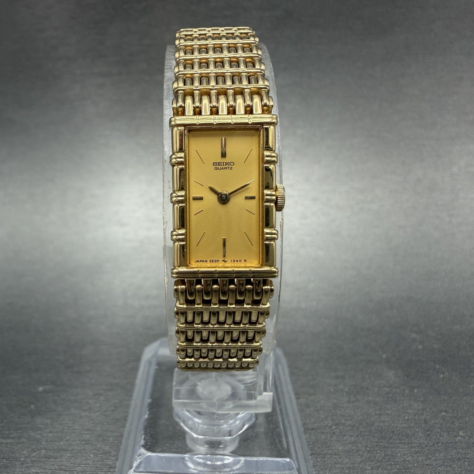 Seiko Tank Watch Women 12mm Champagne Dial Gold Tone 2e20-6109 New Battery 97HD0