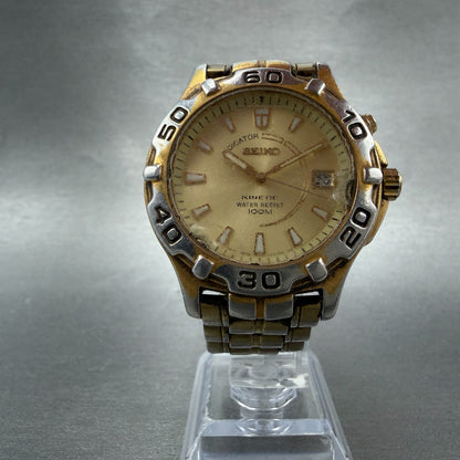 Seiko Kinetic Dive Watch Men 39mm Champagne Dial Gold Tone Date 5M42-0M09 PARTS6
