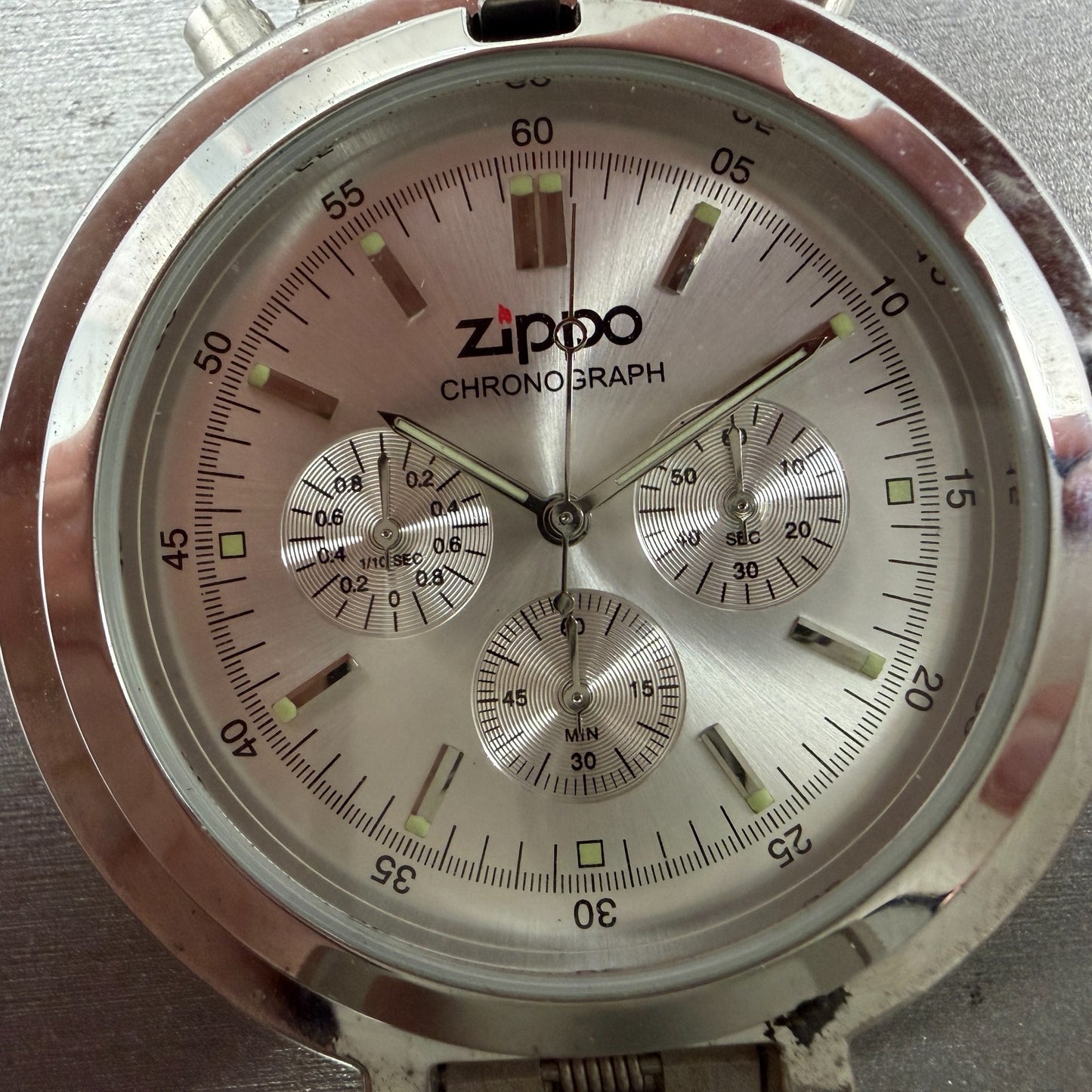 Zippo Pocket Watch Men 49mm Silver Dial Steel Chronograph Round New Battery1