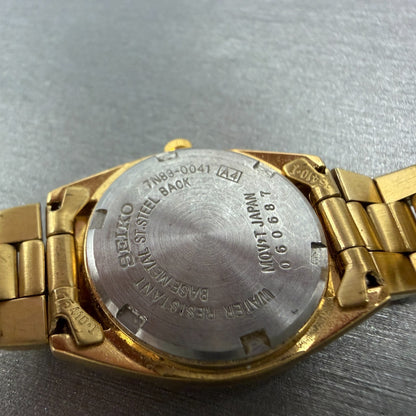 Seiko Watch Women 24mm Black Tone Gold Tone Daydate Round 7N83-0041 New Battery59