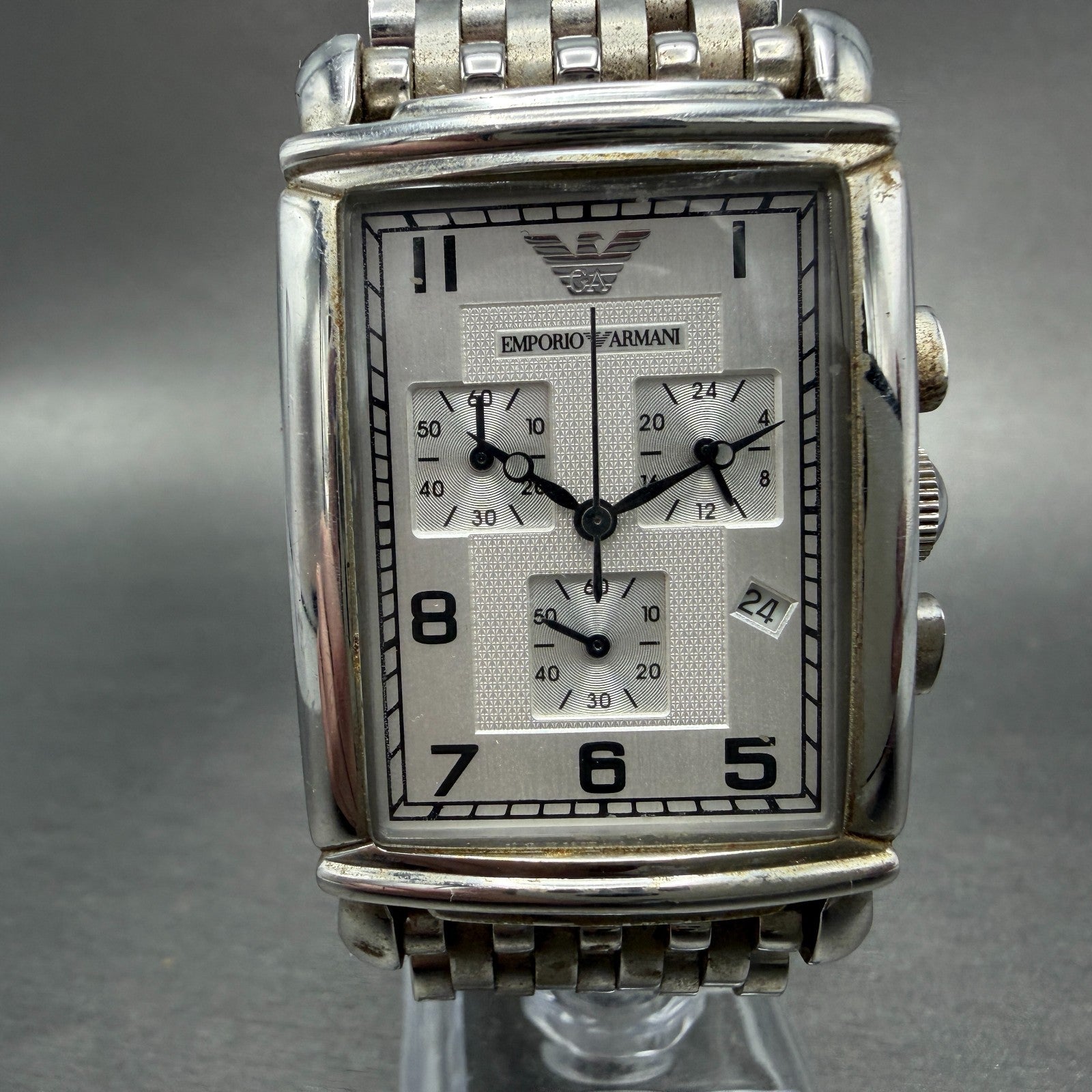 Emporio Armani Chronograph Watch Men 30mm Silver Dial Steel Date AR-0294 NewBatt0