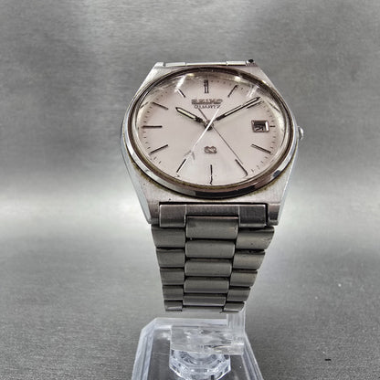 Seiko SQ Watch Men 35mm Silver Dial Silver Tone Date Round 5H22-7A09 PARTS VTG10