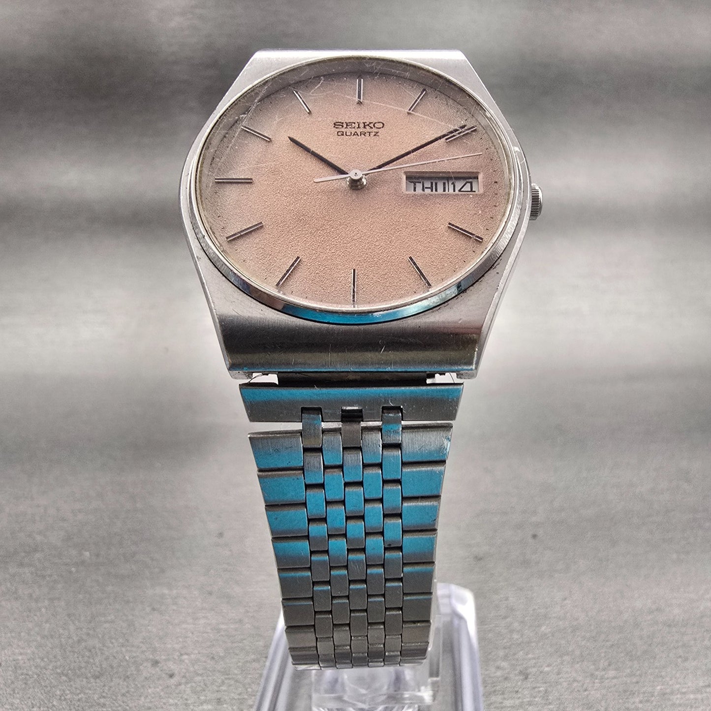 Seiko Watch Men 33mm Pink Dial Silver Tone Daydate Round 7813-8009 New Battery5