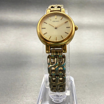 Seiko Watch Women 21mm Champagne Dial Gold Tone Round 1N00-1E09 New Battery VTG5