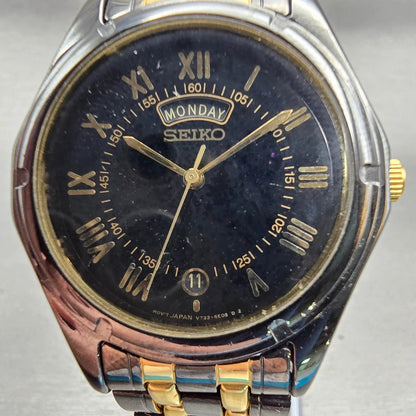 Seiko Watch Men 35mm Black Dial Black & Gold Tone Daydate Round V733-6C49 NewBat1