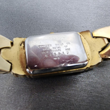 Citizen Tank Watch Women 17mm Black Dial Gold Tone Rectangle New Battery