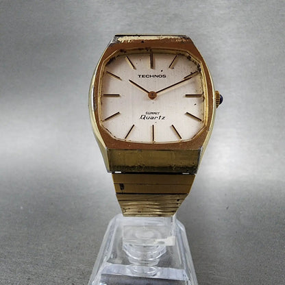 Technos Summit Quartz Watch Men 33mm White Dial Gold Tone Octagon New Battery5
