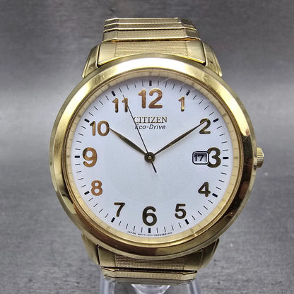 Citizen Eco-Drive Watch Men 38mm White Dial Gold Tone Date E111-S022894 Runs0