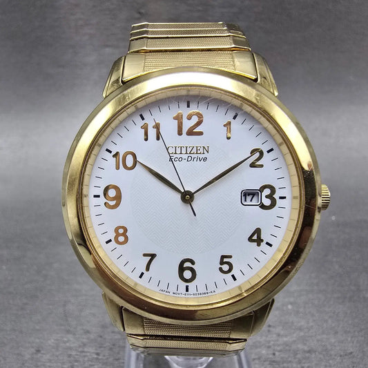 Citizen Eco-Drive Watch Men 38mm White Dial Gold Tone Date E111-S022894 Runs0