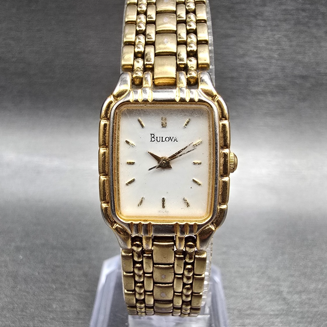 Bulova Tank Watch Women 19mm White Dial Gold Rectangle 97L64 New Battery JP0