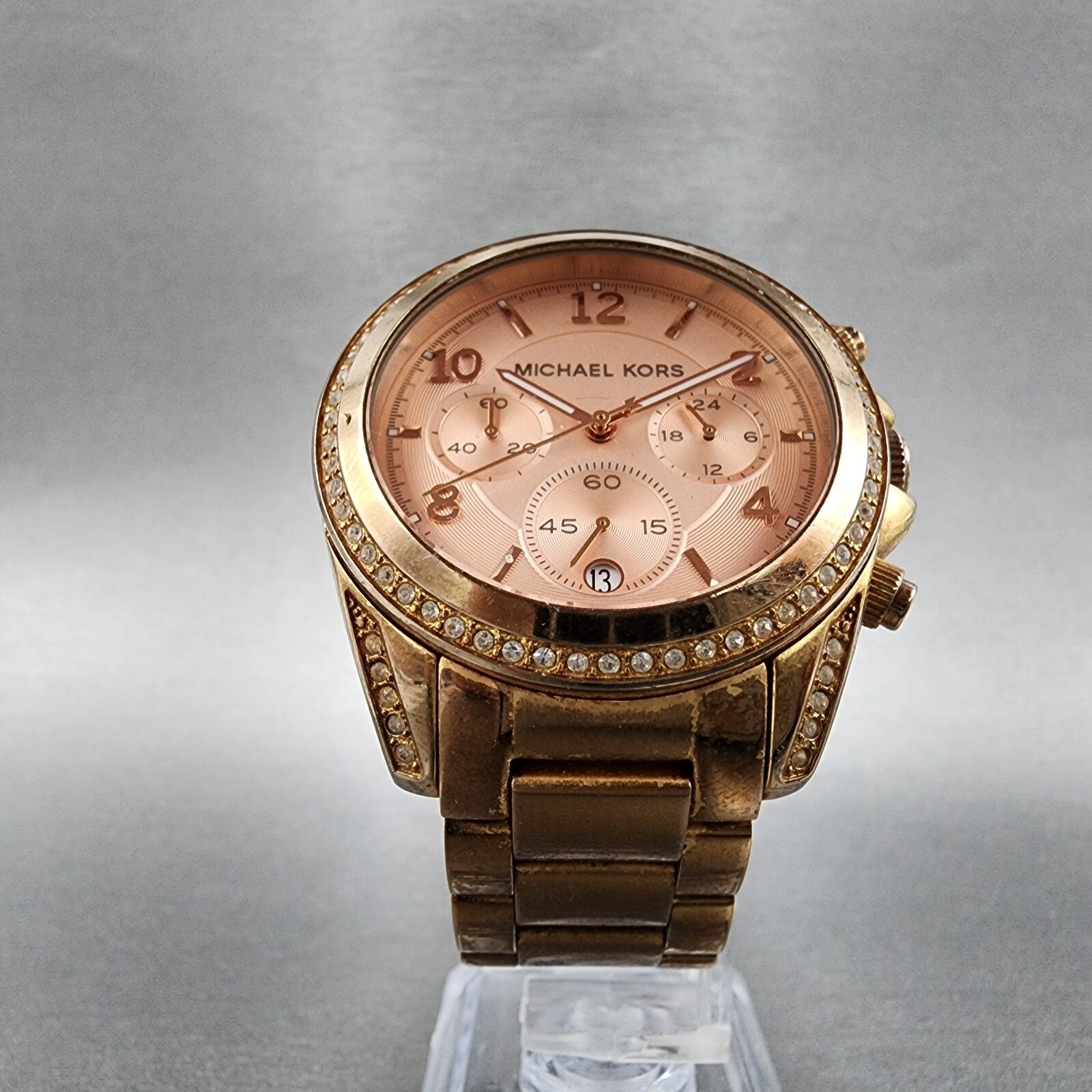 Michael Kors Blair Chronograph Watch Women 40mm Rose Dial Gold Tone Date New Bat5