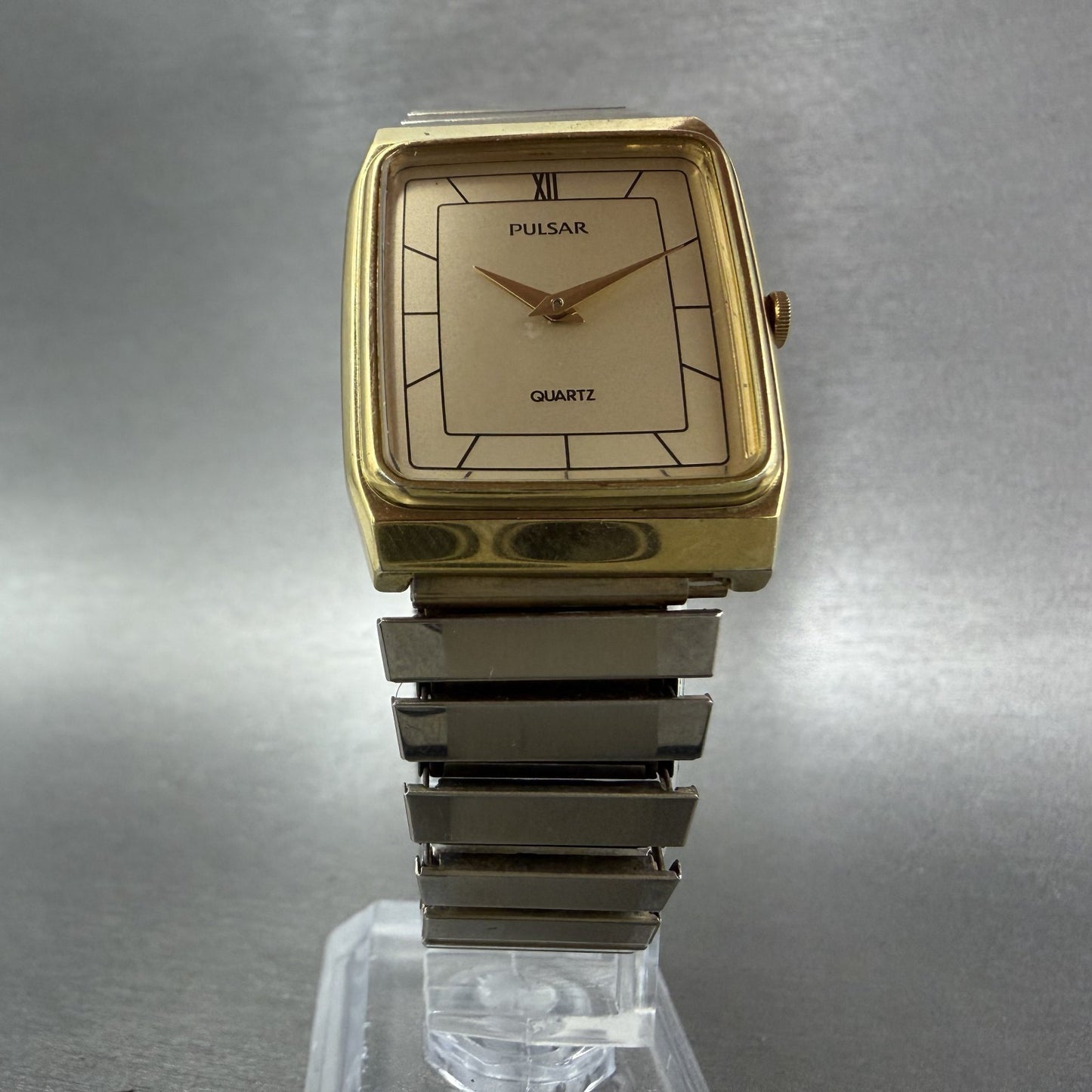Pulsar Tank Watch Men 27mm Champagne Dial Gold Tone Rectangle Y130-5240 New Batt5