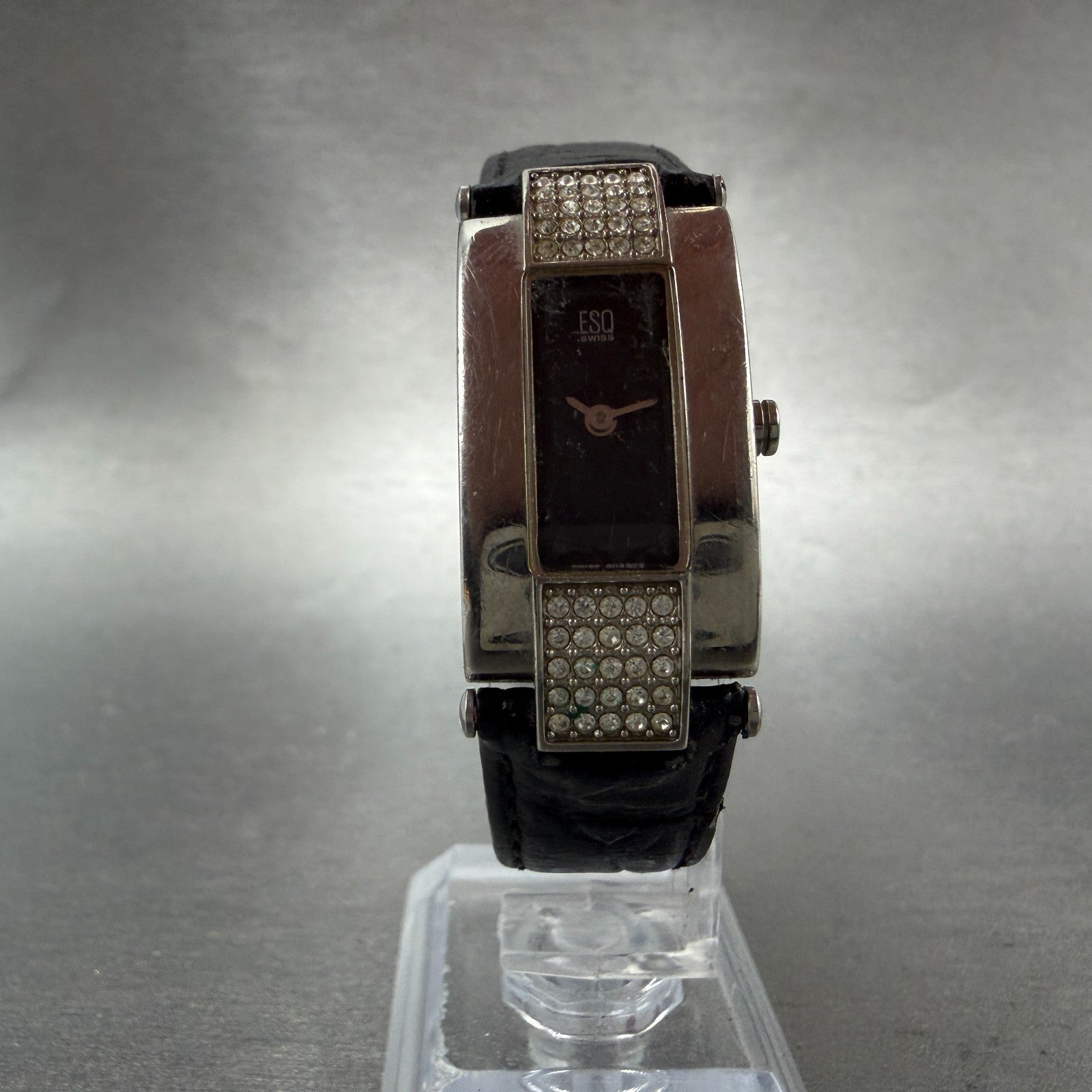 ESQ Tank Watch Women 17mm Black Dial Silver Tone Rectangle Crystals New BatteryA6
