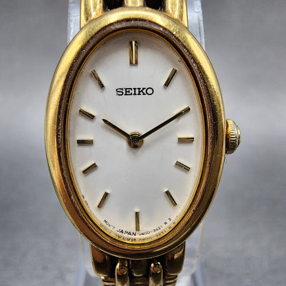 Seiko Watch Women 17mm White Dial Gold Tone Oval V4001019 New Battery1
