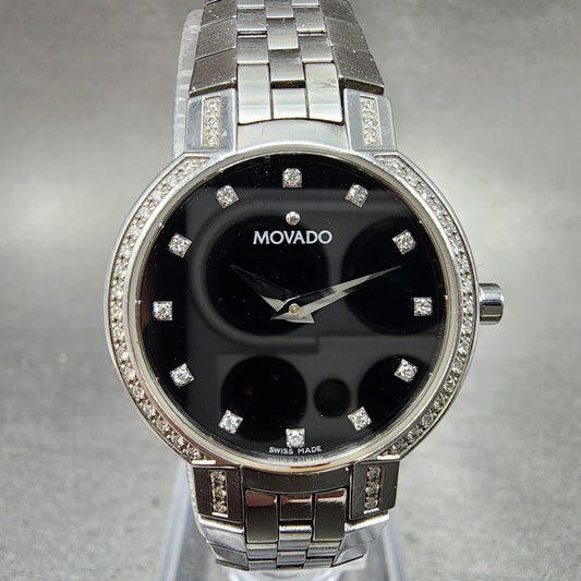 Movado Faceto Watch Women 25mm black Dial Steel Diamonds Round 605586 New Batt0