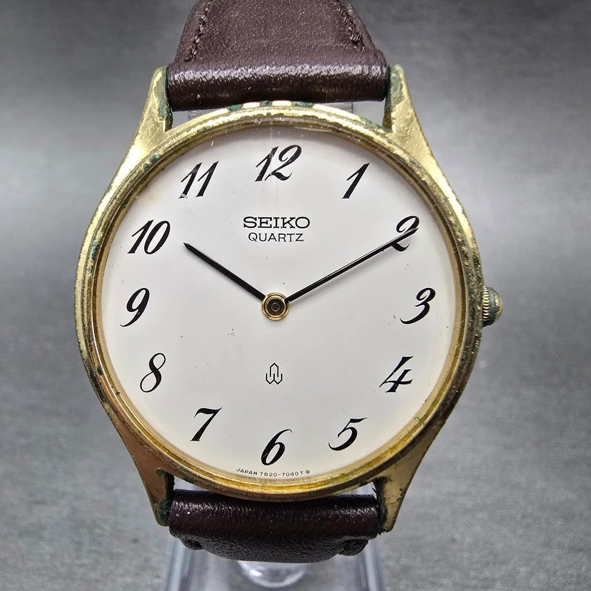 Seiko Watch Men 32mm White Dial Gold Round 7820-7030 New Battery Vintage0