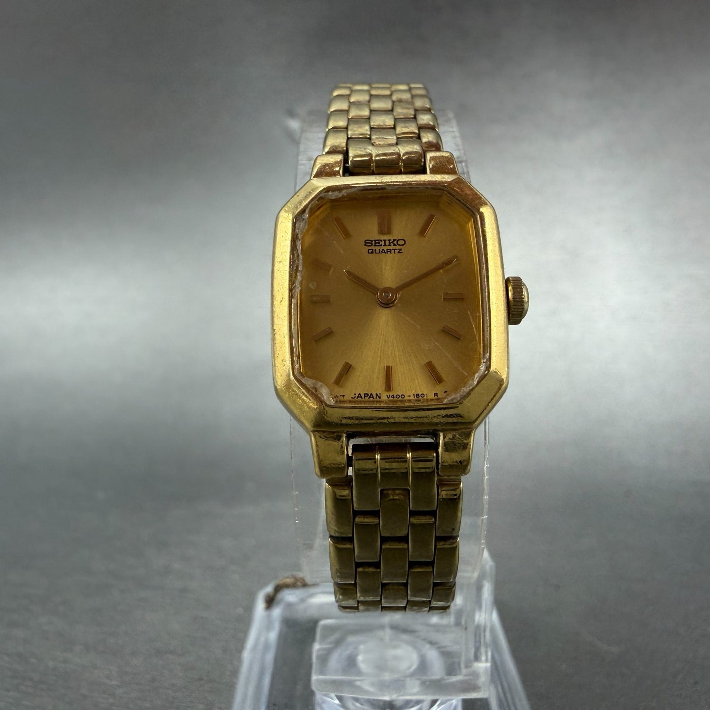 Seiko Watch Women 17mm Champagne Dial Gold Tone Octagon V400-5608 New Battery5