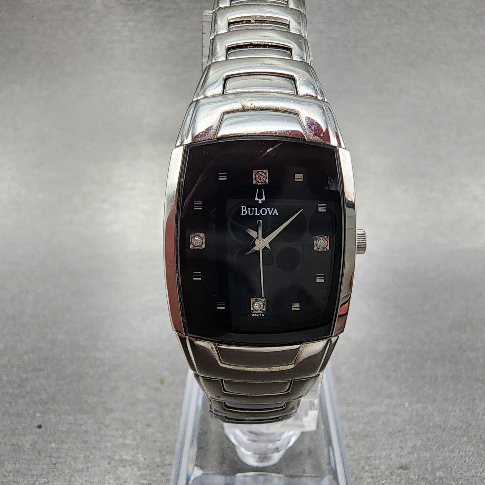 Bulova Tank Watch Women 22mm Black Dial Silver Tone Diamond 96P15 New Battery0